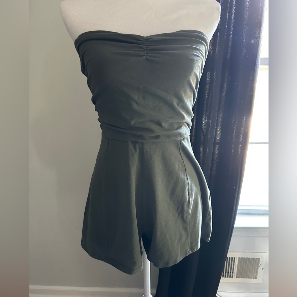 Express Olive Green Strapless Jumpsuit